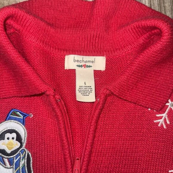 Vintage Bechamel Christmas Holiday Penguin Red Cardigan. Size Large - Picture 3 of 4
